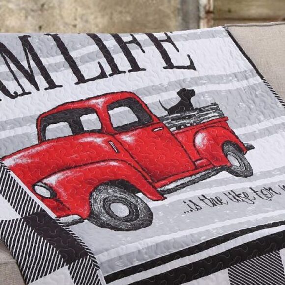NEW! Farmhouse Vintage Red Truck Quilted Throw Blanket Farm Life Country Lodge - Picture 2 of 2